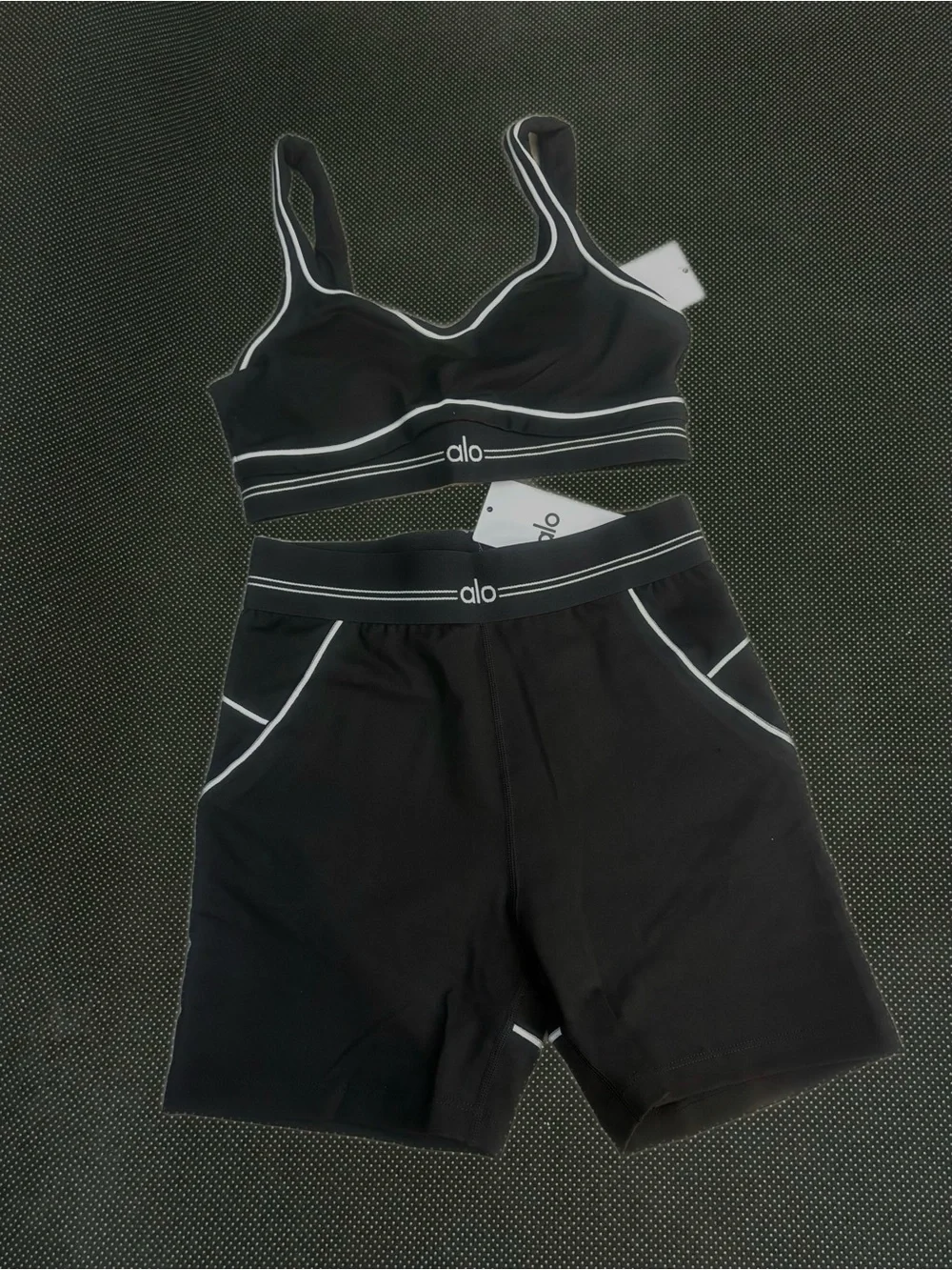 ALO Yoga Black Sports Bra & Bike Shorts Set with White Contrast Trim